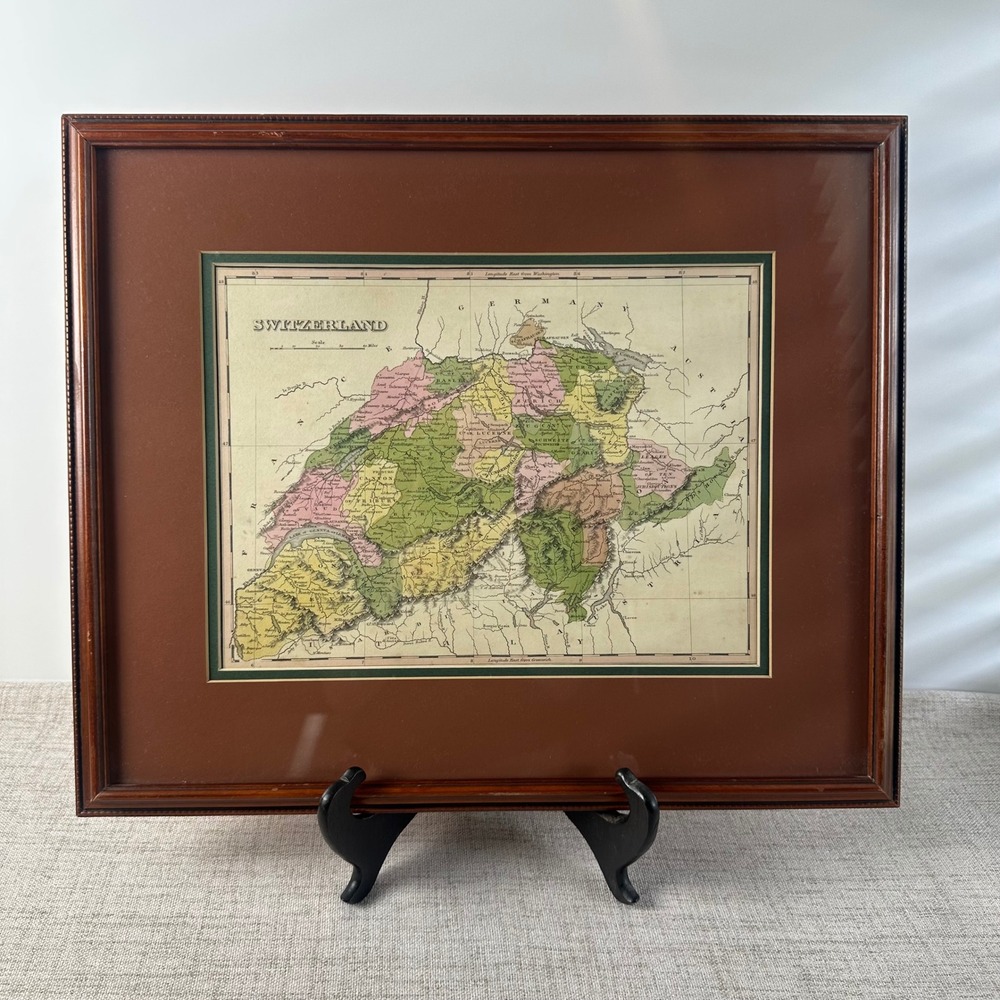 Vintage Framed Switzerland Map Print European Atlas Style Wall Art 17.5x15